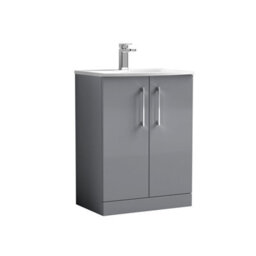 Balterley  Modern Bathroom Floor Standing 2 Soft Close Door Vanity Unit & Curved Basin, Satin Grey, 600mm - thumbnail 1