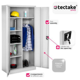 Tectake Filing Cabinet - Locker With 6 Shelf Compartments, Clothes Rail, 2 Wing Doors - 1 - Grey - thumbnail 5