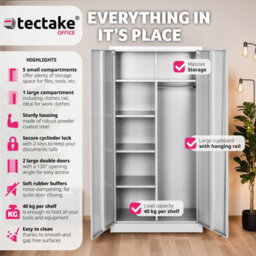 Tectake Filing Cabinet - Locker With 6 Shelf Compartments, Clothes Rail, 2 Wing Doors - 1 - Grey - thumbnail 2