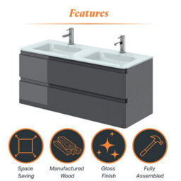 Plum&clay Marvel Gloss Dark Grey Wall Hung Bathroom Vanity Unit With White Glass Basin (W)1200mm - thumbnail 5