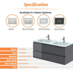 Plum&clay Marvel Gloss Dark Grey Wall Hung Bathroom Vanity Unit With White Glass Basin (W)1200mm - thumbnail 4