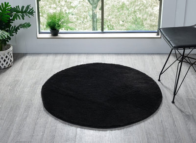 Comfy Washable Low Pile Living Room Area Rug - Anti-Slip Felt Backing Black 100Cm Diameter - image 1