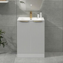 Royal Bathrooms Evora 600mm Matt White Fluted Floor Standing Bathroom Vanity Unit 2 Door Cabinet With Ceramic Basin & Brushed Brass Handles