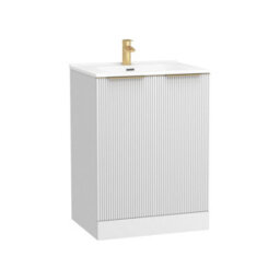 Royal Bathrooms Evora 600mm Matt White Fluted Floor Standing Bathroom Vanity Unit 2 Door Cabinet With Ceramic Basin & Brushed Brass Handles - thumbnail 5