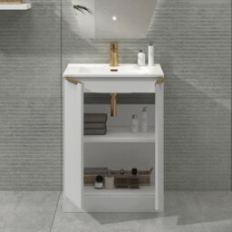Royal Bathrooms Evora 600mm Matt White Fluted Floor Standing Bathroom Vanity Unit 2 Door Cabinet With Ceramic Basin & Brushed Brass Handles - thumbnail 3