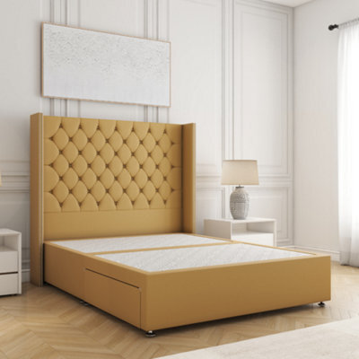 Bsspoke Olivia Divan Bed Mustard Plush Velvet 54Inch Headboard & No Mattress & No Drawers In 3Ft 4Ft 4Ft6 5Ft 6Ft - image 1