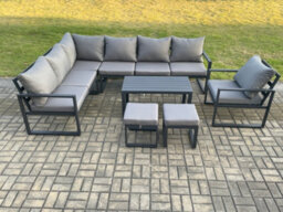 Fimous Aluminium Garden Furniture Set Outdoor Indoor Lounge Corner Sofa Chair Coffee Table Sets With Small Footstools Dark Grey - thumbnail 2