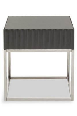 Orsina Grey Hi Gloss Finish Square End Table, Fluted Carved Tabletop With Polished Stainless Steel Frame - image 1