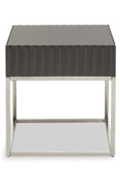 Orsina Grey Hi Gloss Finish Square End Table, Fluted Carved Tabletop With Polished Stainless Steel Frame
