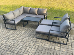 Fimous 9 Seater Aluminium Outdoor Garden Furniture Set Patio Lounge Sofa With Oblong Coffee Table 2 Big Footstools Dark Grey - thumbnail 1