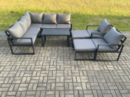 Fimous 9 Seater Aluminium Outdoor Garden Furniture Set Patio Lounge Sofa With Oblong Coffee Table 2 Big Footstools Dark Grey - thumbnail 2