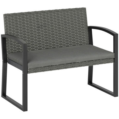 2 Seater Rattan Garden Bench With Cushion, Steel Frame, Light Grey - image 1