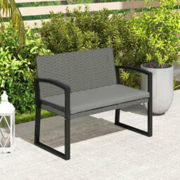 2 Seater Rattan Garden Bench With Cushion, Steel Frame, Light Grey - thumbnail 6