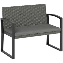 2 Seater Rattan Garden Bench With Cushion, Steel Frame, Light Grey - thumbnail 1