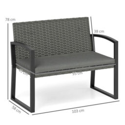 2 Seater Rattan Garden Bench With Cushion, Steel Frame, Light Grey - thumbnail 2
