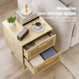 Levede Bedside Table Rattan 2 Pack Drawers Nightstand 57Cm Bedroom Bamboo - thumbnail 7