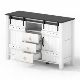 Btm 120Cm Sideboard With Sliding Doors And 3 Drawers, Rustic Coffee Bar Storage Cabinet, White - thumbnail 7