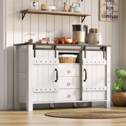 Btm 120Cm Sideboard With Sliding Doors And 3 Drawers, Rustic Coffee Bar Storage Cabinet, White - thumbnail 1