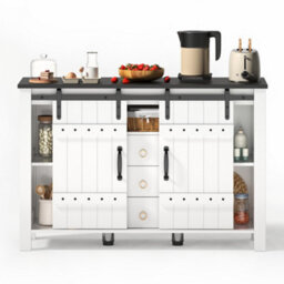 Btm 120Cm Sideboard With Sliding Doors And 3 Drawers, Rustic Coffee Bar Storage Cabinet, White - thumbnail 9