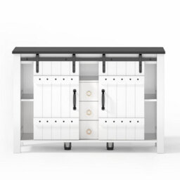 Btm 120Cm Sideboard With Sliding Doors And 3 Drawers, Rustic Coffee Bar Storage Cabinet, White - thumbnail 8