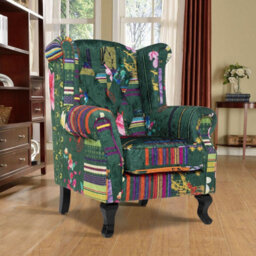 Green Patchwork Wingback Armchair Fabric Chesterfield Button Back Scroll Arms - thumbnail 1