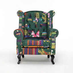 Green Patchwork Wingback Armchair Fabric Chesterfield Button Back Scroll Arms - thumbnail 2