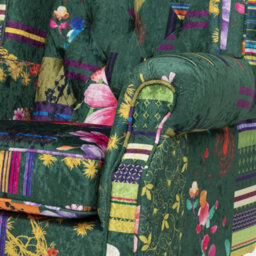 Green Patchwork Wingback Armchair Fabric Chesterfield Button Back Scroll Arms - thumbnail 5