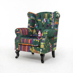 Green Patchwork Wingback Armchair Fabric Chesterfield Button Back Scroll Arms - thumbnail 3