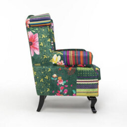 Green Patchwork Wingback Armchair Fabric Chesterfield Button Back Scroll Arms - thumbnail 4