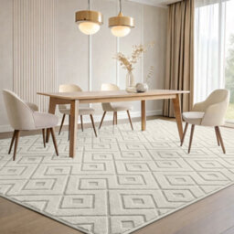 Moonlight Bedding Cream Geometric Rug 160X230Cm, Washable Non-Slip Soft High Low Pile Living Room Carpet - thumbnail 1