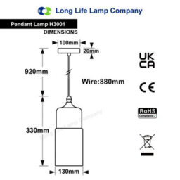 Long Life Lamps Company Retro Amber Glass Pendant Hanging Ceiling Light Shade Cylinder Nordic Lamp Holder H3001 - thumbnail 2