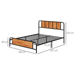 Homcom King Size Bed Frame With Headboard, Steel Bed Base 160 X 207Cm Brown - thumbnail 3