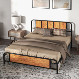 Homcom King Size Bed Frame With Headboard, Steel Bed Base 160 X 207Cm Brown - thumbnail 1