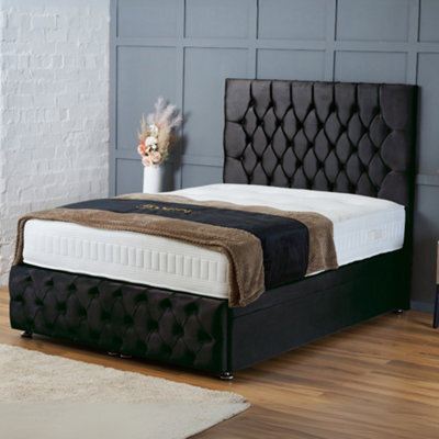 Bsspoke Ottoman Bed Lift Up Storage Divan Black Velvet With Mattress 54Inch Chesterfield Headboard & Footboard All Sizes - image 1