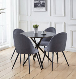 Hallowood Furniture Cullompton Small Round Black Dining Table 90Cm With 4 Curved-Back Grey Fabric Chairs