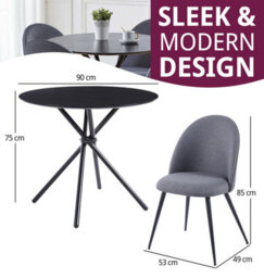 Hallowood Furniture Cullompton Small Round Black Dining Table 90Cm With 4 Curved-Back Grey Fabric Chairs - thumbnail 3