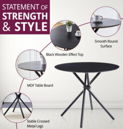 Hallowood Furniture Cullompton Small Round Black Dining Table 90Cm With 4 Curved-Back Grey Fabric Chairs - thumbnail 4