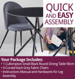 Hallowood Furniture Cullompton Small Round Black Dining Table 90Cm With 4 Curved-Back Grey Fabric Chairs - thumbnail 7