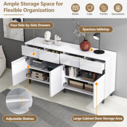 Abrihome Highboard Storage Cabinet With 4 Drawers & 4 Doors, Adjustable Shelf Sideboard For Living Room & Kitchen, White - thumbnail 3