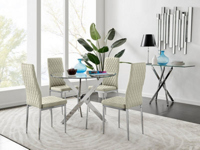 Furniturebox Uk Novara Chrome Metal Round Glass Dining Table And 4 Cream Velvet Milan Chairs - image 1