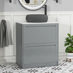 Royal Bathrooms Royal Bathroom Elmore 700mm Pebble Grey Freestanding Bathroom Vanity Unit 2 Drawer Plain White Worktop With Milan Black Basin - thumbnail 1