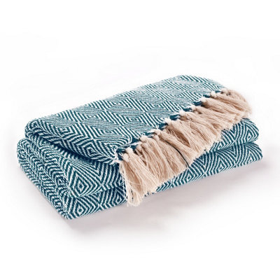 Ehc Luxury Reversible Super Soft Cotton Diamond Large Throw For Sofa, Double Bed , Armchair - Peacock, 150 X 200 Cm - image 1