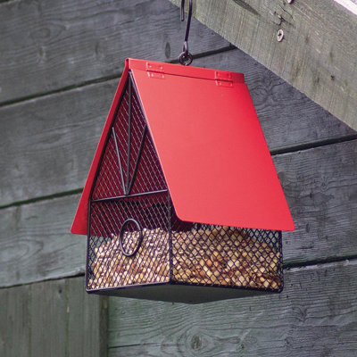 House Style Bird Feeder - Red & Black Weatherproof Mesh Design Outdoor Garden Seed Or Peanut Feeding Station - H22 X W17 X D13.5Cm - image 1