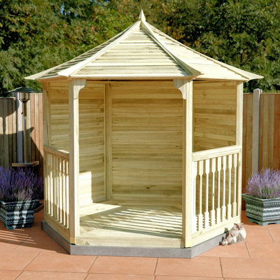 Hexagonal Wooden Gazebo With Floor, Balustrades And Fully Boarded Rear Walls, Pressure Treated - 8Ft X 7Ft (2.6M X 2.3M) - image 1