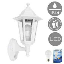 Valuelights White Outdoor Garden Security Ip44 Rated Wall Light Lantern With Pir Motion Detector Sensor And 1 X 6W Led Es E27 Bulb