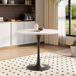 Darphe Modern Round Dining Table With Mdf Top And Black Tulip Metal Base For 4 People 90Cm Dia X 73Cm H