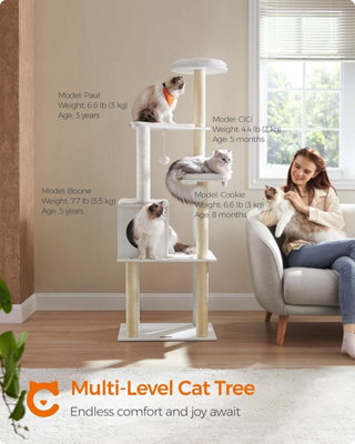 Songmics Cat Tower, Stylish Cat Condo, Indoor Cat Furniture With 5 Scratching Posts, Removable Washable Cushions, Cloud White