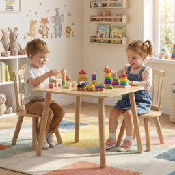 Gainoom Kids Wooden Table And Chairs Set Natural 3-Piece Toddler Furniture Children Activity Desk Set - thumbnail 3