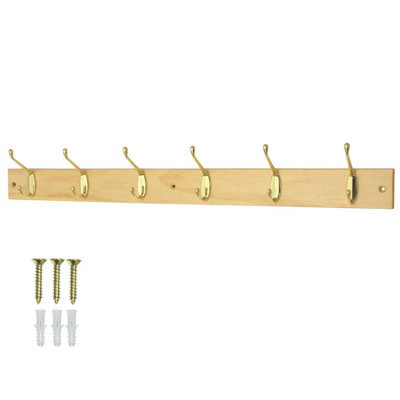 Keypak Coat Rack Wall Mounted Polished Brass 6 Double Hooks - Solid Pine Rack 69Cm Clothes Hanger For Hallway, Bedroom, Bathroom - image 1