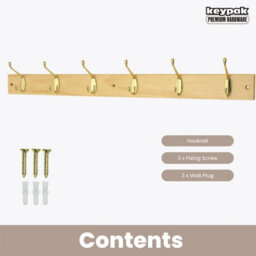 Keypak Coat Rack Wall Mounted Polished Brass 6 Double Hooks - Solid Pine Rack 69Cm Clothes Hanger For Hallway, Bedroom, Bathroom - thumbnail 4